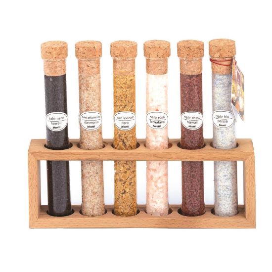 Set 6 fiole de sticla cu sare neagra si rosie/Hawaii, sare de mare/Cypru, sare algae/Bretagne, sare roz/Himalaya, sare albastra/Persia - Bisetti