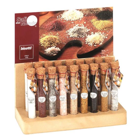 Set 18 fiole de sticla cu sare neagra si rosie/Hawaii, sare de mare/Cypru, sare algae/Bretagne, sare roz/Himalaya, sare albastra/Persia - Bisetti