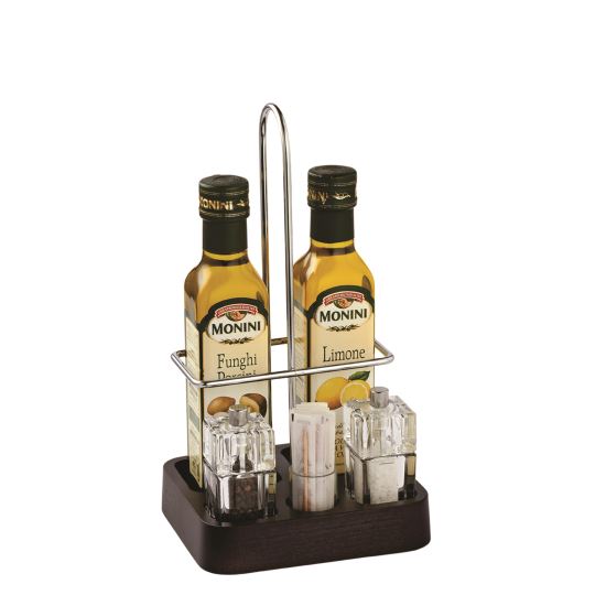 Set suport pentru sticle patrate (250 CC) cu 2 rasnite pentru sare si piper si suport pentru scobitori - Bisetti