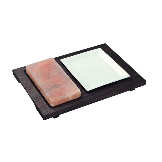 Placa de gatit dreptunghiulara din sare pe blat din lemn + doua farfurii din portelan - Bisetti - Copy