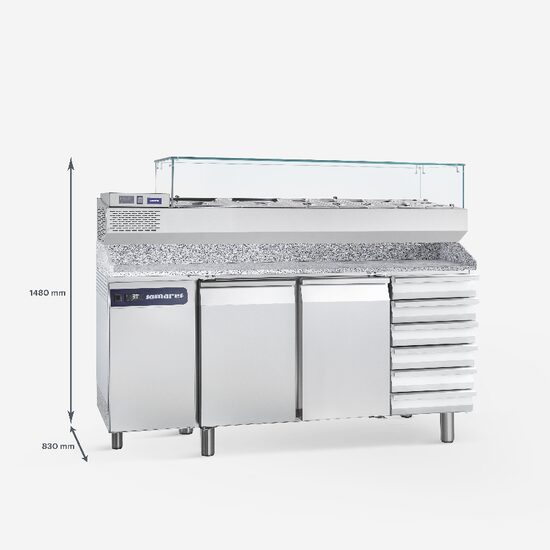 Masa refrigerare cu blat, vitrina, doua usi si rafturi 377 litri - Samaref