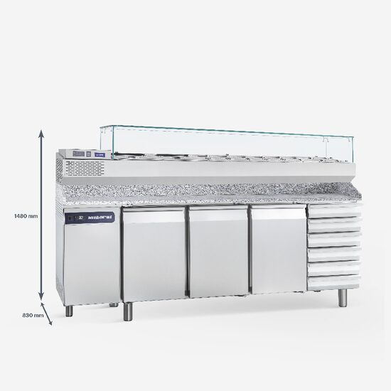 Masa refrigerare cu vitrina, blat, 3 usi si rafturi 586 litri - Samaref