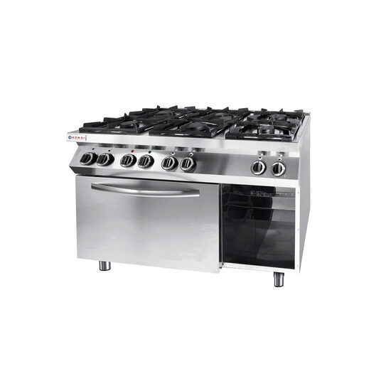 Aragaz profesional pe gaz Hendi Kitchen Line cu 6 arzatoare cu cuptor electric cu convectie GN 1/1 Inox 28.5 kW 1200x700x(H)900 mm