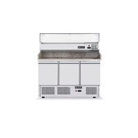 Masa frigorifica cu 3 usi, pentru pizza, cu vitrina ingrediente cu 6 tavi GN 1/4, 270+170 W, ARKTIC by Hendi, 140x70x(H)144.5 cm
