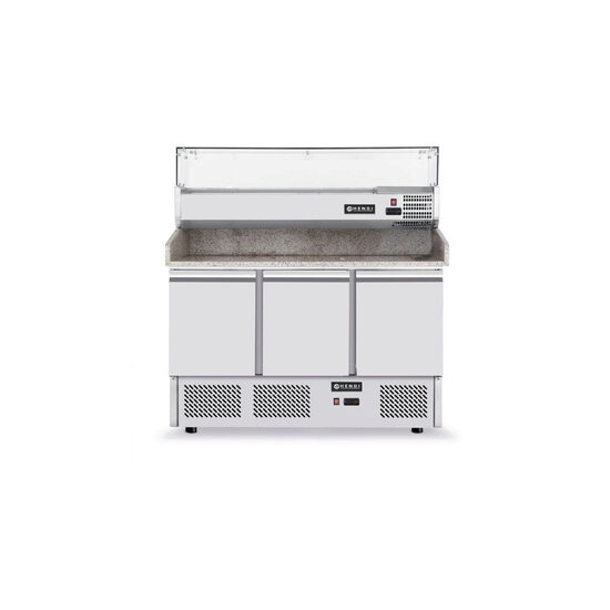 Masa frigorifica cu 3 usi, pentru pizza, cu vitrina ingrediente cu 6 tavi GN 1/4, 270+170 W, ARKTIC by Hendi, 140x70x(H)144.5 cm