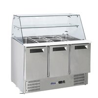 Masa rece cu 3 usi pentru salata cu suprastructura din sticla, 1365x695x(H)825 mm
