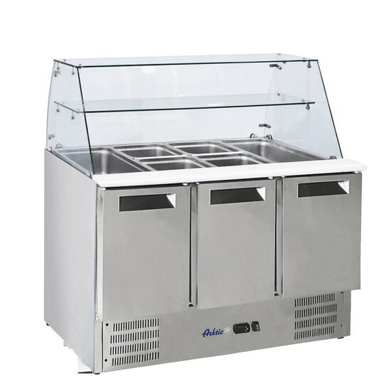 Masa rece cu 3 usi pentru salata cu suprastructura din sticla, 1365x695x(H)825 mm