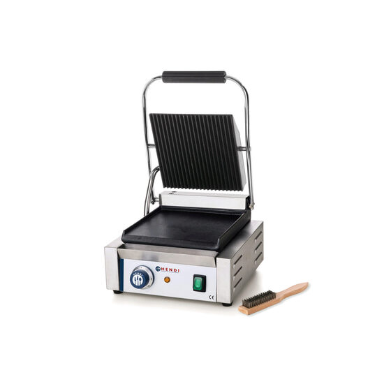 Contact grill profesional, Hendi, 2200W, corp inox, termostat 300 gr C, placi fonta cu invelis ceramic, partea superioara striata / cea inferioara neteda, suprafata grill 34 x 23 cm, 43x37x(H)21 cm