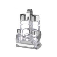 Oliviera solida / Set condimente 5 piese, Hendi, suport inox, recipiente sticla pt sare, piper, scobitori, ulei, otet