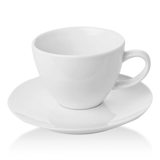 Ceasca eleganta cu farfurie, Fine Dine, Bianco, Alb, portelan vitrificat, rezistenta la temeperaturi de pana la 180 C, 230 ml