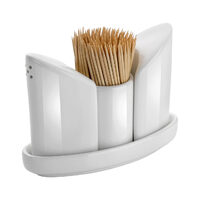 Set condimente din portelan, Hendi, 4 piese: recipiente sare, piper, scobitori, farfurie suport