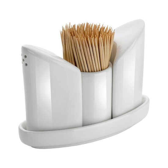 Set condimente din portelan, Hendi, 4 piese: recipiente sare, piper, scobitori, farfurie suport