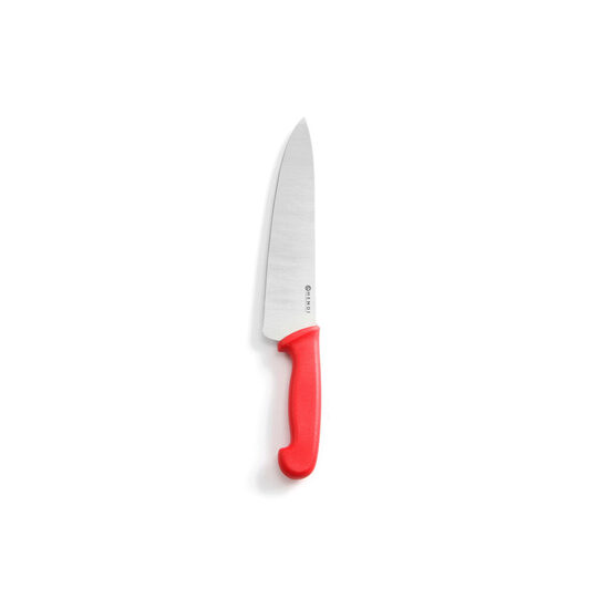 Cutitul bucatarului, maner rosu, lama inox grosime 2,5 mm, 240/385 mm, Hendi, potrivit si pt uz profesional