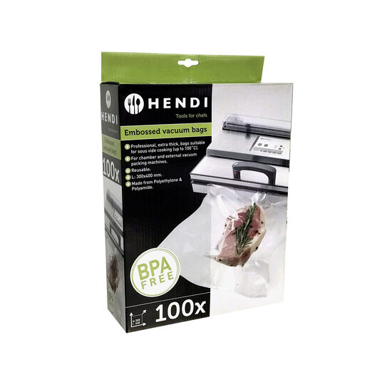 Set 100 pungi vacuum gofrate 300x400mm, 2 straturi, 75 microni grosime, Hendi, filtru UV