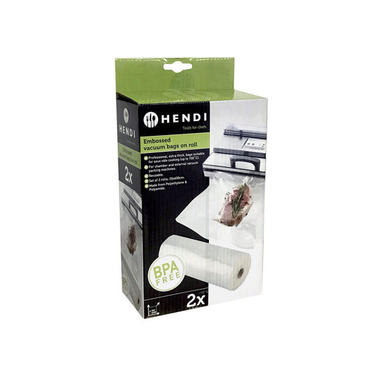 Set 2 role pungi vacuum gofrate 20 cm x 6 metri, Hendi, 2 straturi, 75 microni grosime, filtru UV