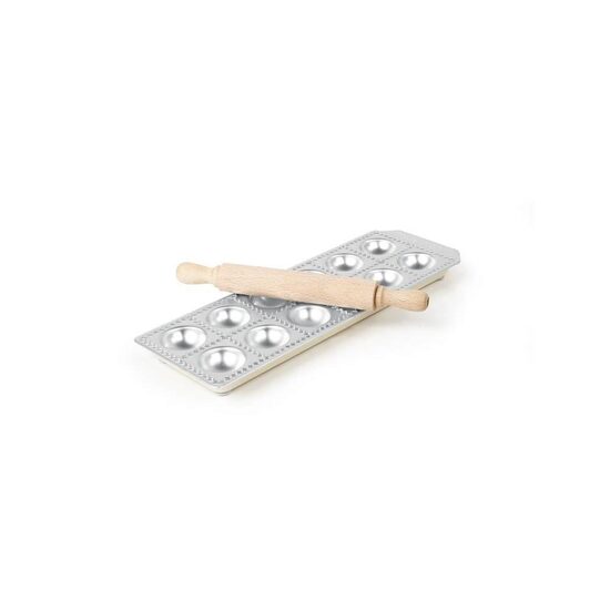 Forma ravioli, aluminiu, 12 forme, picioare antialunecare din cauciuc, sucitor din lemn inclus, diametru 39 mm Hendi, 114x335x22 mm