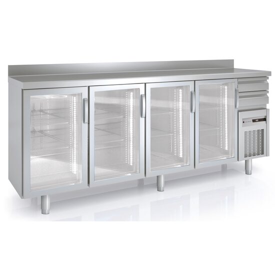 Masa frigorifica refrigerare 4 usi cu geam si 8 rafturi seria 600 cu rebord Coreco