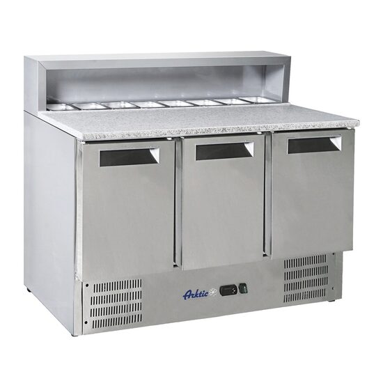 Masa rece cu 3 usi cu suprastructura si blat de lucru din granit Arktic 1365x700x(H)1070mm