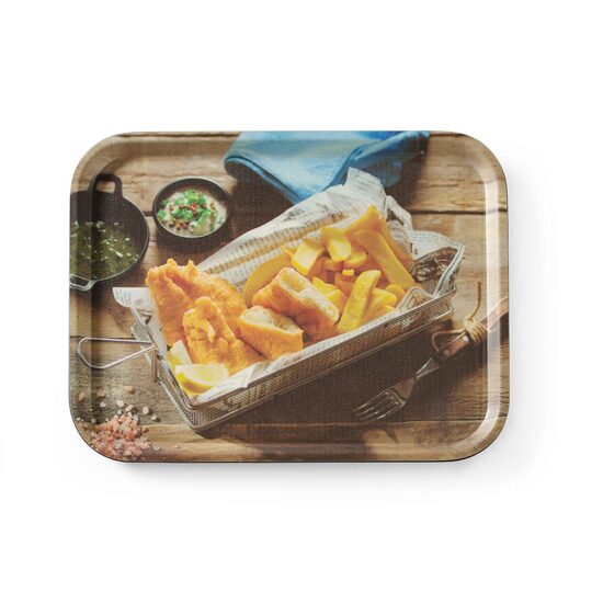 Tava de servire dreptunghiulara suprafata antiderapanta, cu imprimare, HENDI, tasty fish & chips, 330x430mm