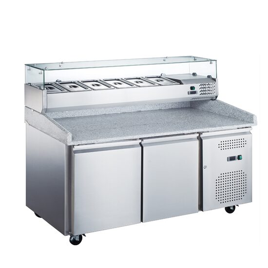 Masă frigorifică preparare pizza, blat granit, răcire ventilată, 2 uși, 390 lt - Prochill