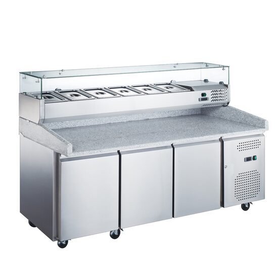 Masă frigorifică preparare pizza, blat granit, răcire ventilată, 3 uși, 580 lt - Prochill