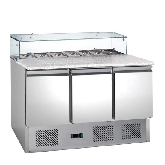 Salatiera refrigerata cu 3 usi, blat din granit, vitrina sticla, 402 lt - Prochill