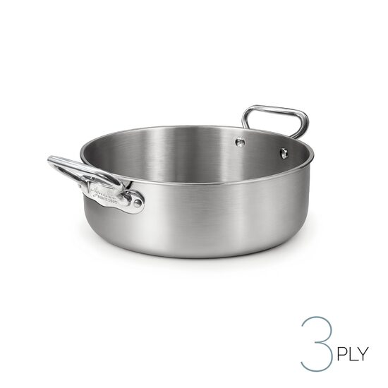 Oală joasă din aluinox cu finisaj satinat, cu 3 straturi – 2 mânere din oțel inoxidabil