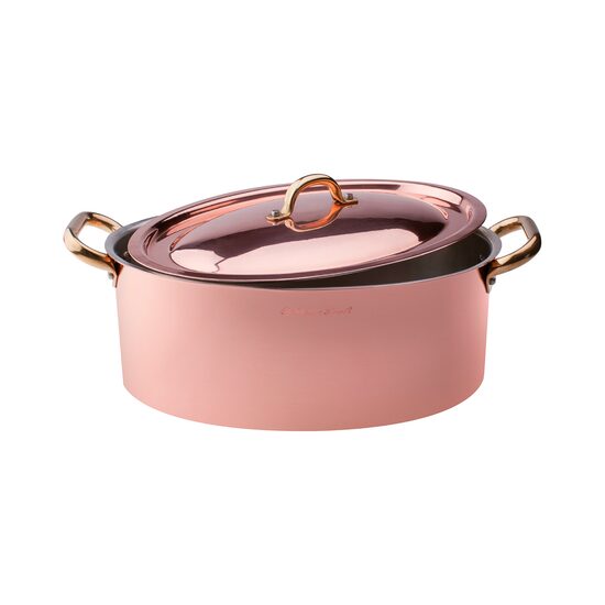 Oală de cupru ovală cu doua manere si capac