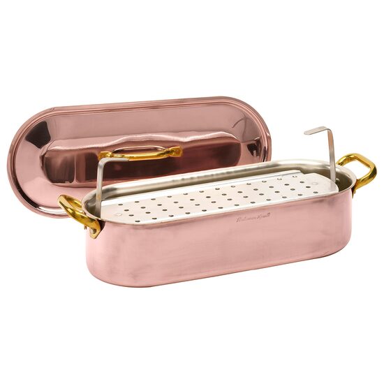 Oală pentru pește din cupru neted, cu grilaj de 2 mm și capac, două mânere din alamă