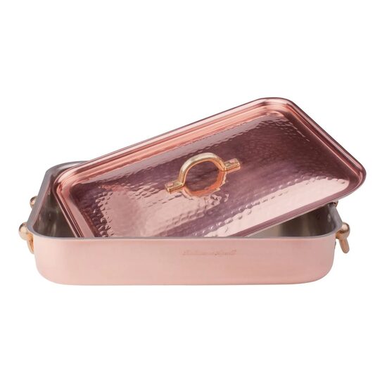 Tavă din cupru pentru friptură, cu două mânere și capac