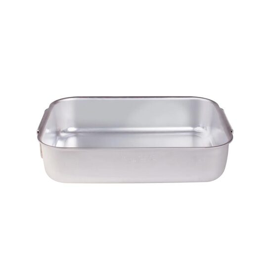 Tavă dreptunghiulară din aluminiu cu colțuri rotunjite și mânere din oțel inoxidabil